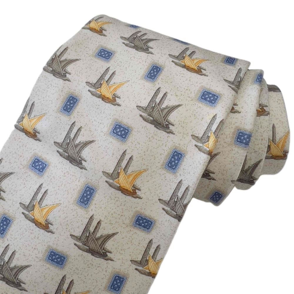 Burberry‎ Size M Tie Silk Sailboats Printed Pattern Multicolor 3.5" Width